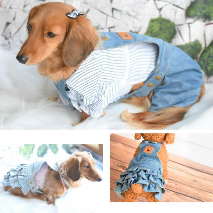 犬 服】 【春 夏 秋 冬】 デニム フリル ワンピース つなぎ