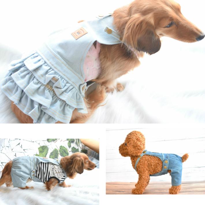 犬 服】 【春 夏 秋 冬】 デニム フリル ワンピース つなぎ