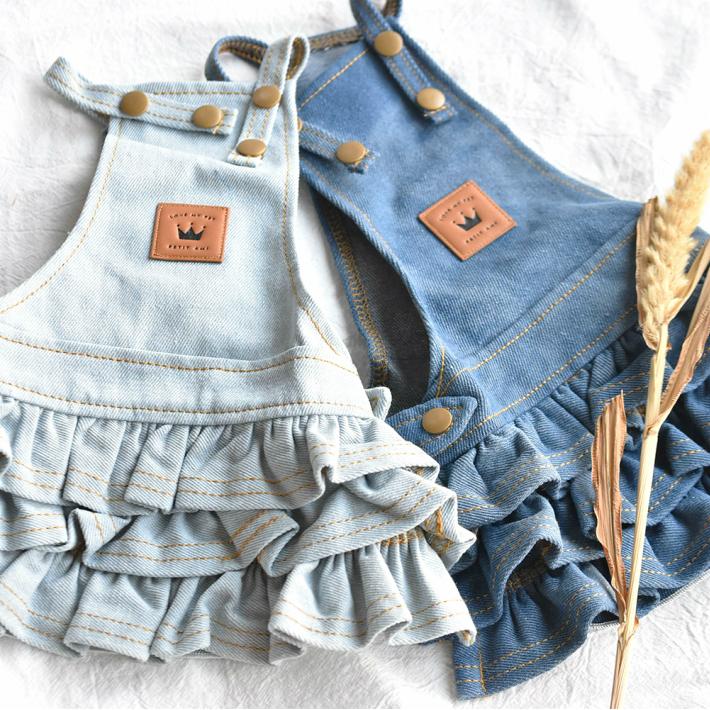 犬 服】 【春 夏 秋 冬】 デニム フリル ワンピース つなぎ