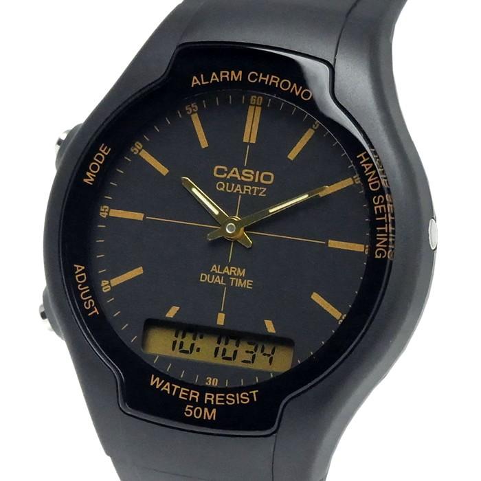 カシオ CASIO メンズ 腕時計 スタンダード AW-90H-9E アナデジ ブラック 黒 ゴールド 金｜hapian｜02