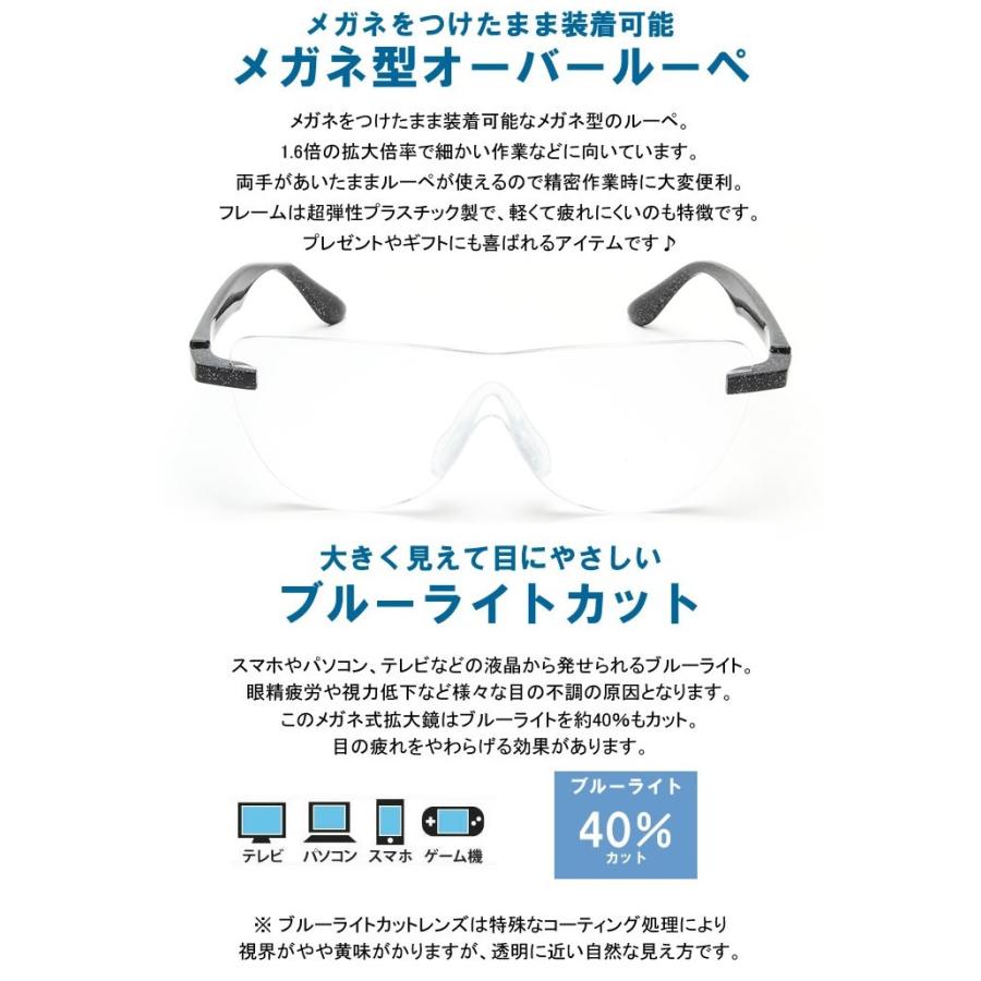 拡大鏡 ルーペ ブルーライトカット 1.6倍 眼鏡の上から装着できる