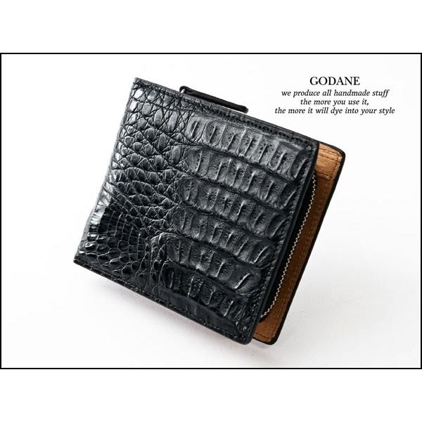 SALE★ゴダン カイマンクロコワニテール革 二つ折財布 ブラック 8009BK GODANE ゴダン 本革 財布 ウォレット カイマン クロコダイル メンズ 二