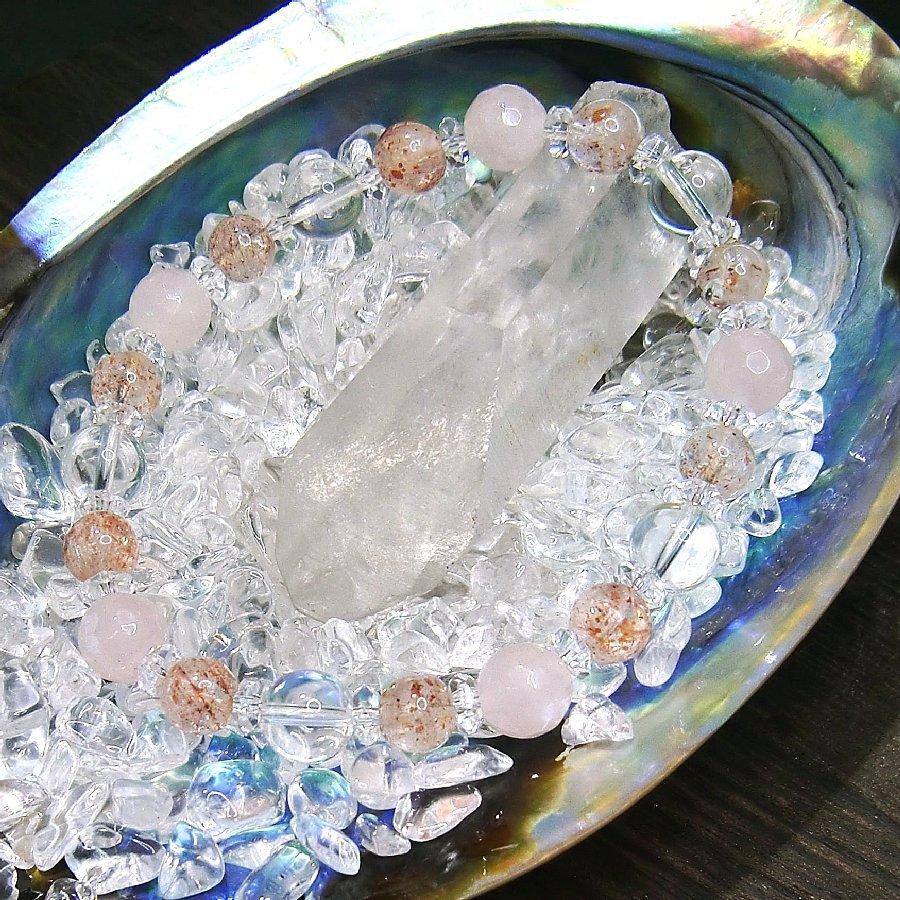 パワーストーンブレスレット ローズクォーツ・サンストーン・水晶ボタンカット【送料無料】 |  | 02