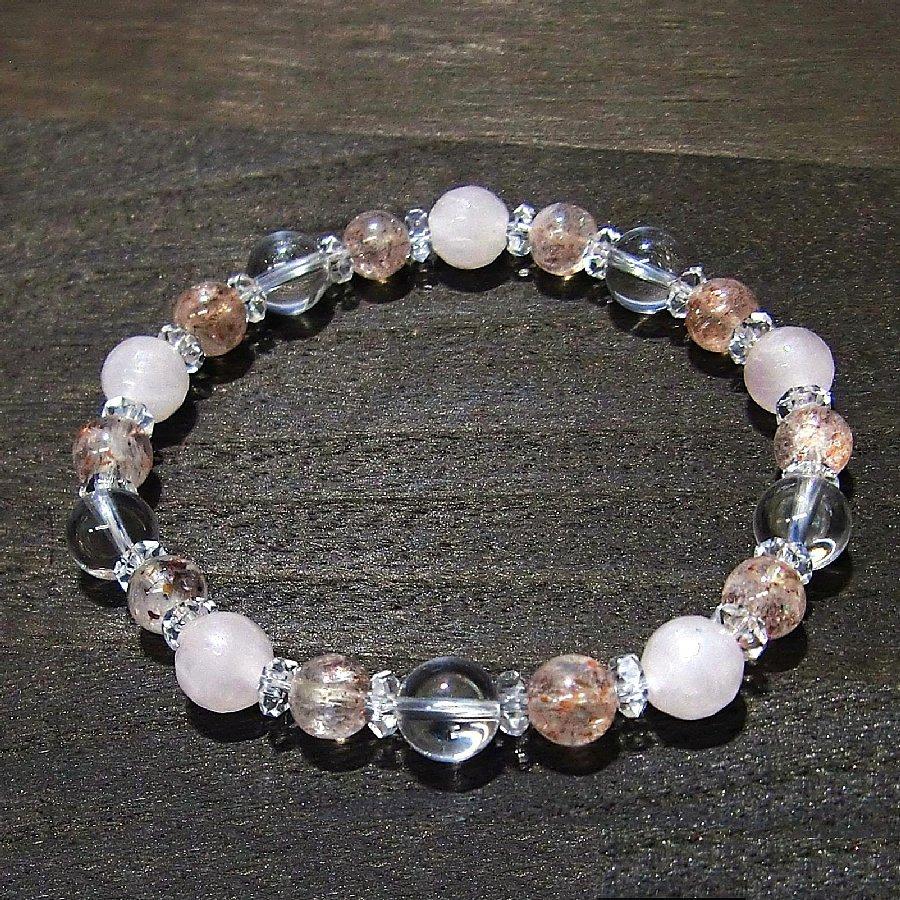 パワーストーンブレスレット ローズクォーツ・サンストーン・水晶ボタンカット【送料無料】 |  | 04