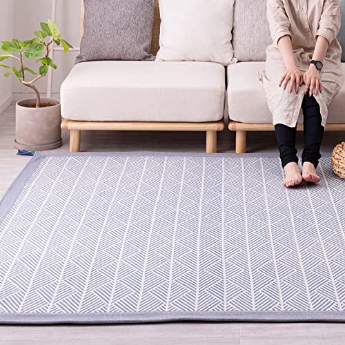 萩原 ラグ ネイビー 約185×185cm 「クラック」 洗濯機で洗える 滑りにくい加工付き 綿100% 幾何学柄 ヘリンボーン風 タッセル付き | 