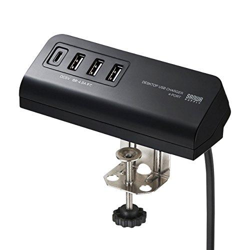 サンワサプライ(Sanwa Supply) USB充電器 コンセント(Type-C×1ポート+USB A×3ポート) クランプ式 デスクに固定可 | 