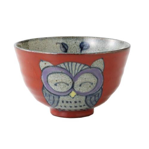 波佐見焼 飯碗 (小) 手描ふくろう柄 赤色 83971 | 