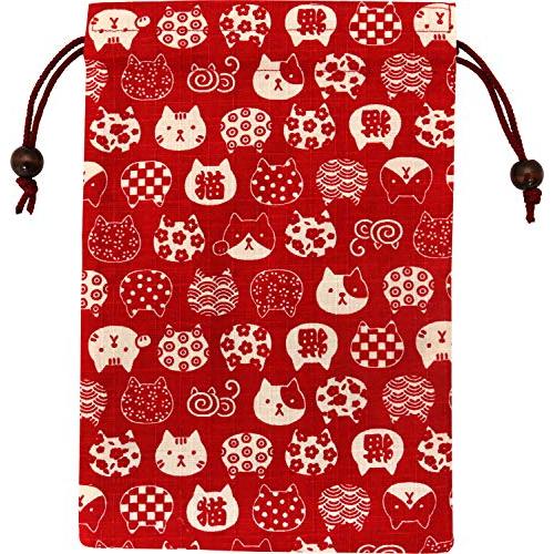 京佑 御朱印帳 ご朱印帳 朱印帳 巾着 袋 入れ 猫 日本製 和柄 にゃんこもん 赤 18×26.5cm | 