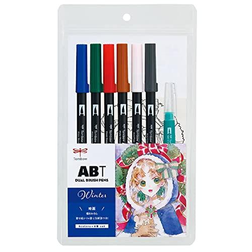 トンボ 筆ペン デュアルブラッシュペン ABT 6色&水筆 イラストセット 冬 AB-T6CWTQA | 