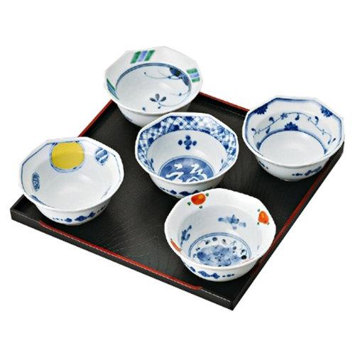 西海陶器 波佐見焼 小鉢 八角 小付 染錦 絵変り 盆付 化粧箱入 直径 8.5 cm 5個 セット 30010 | 