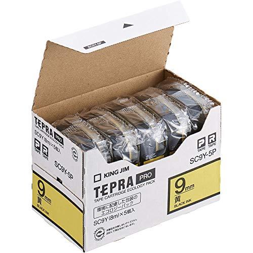 キングジム 純正 テプラPROテープカートリッジ エコパック5個入 9mm 黄ラベル/黒文字 長さ8m SC9Y-5P | 