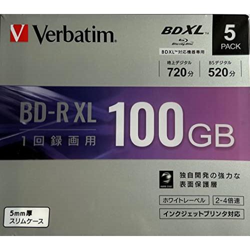 バーベイタム 4倍速対応BD-R XL 5枚パック　100GB ホワイトプリンタブル VBR520YP5D1 | 