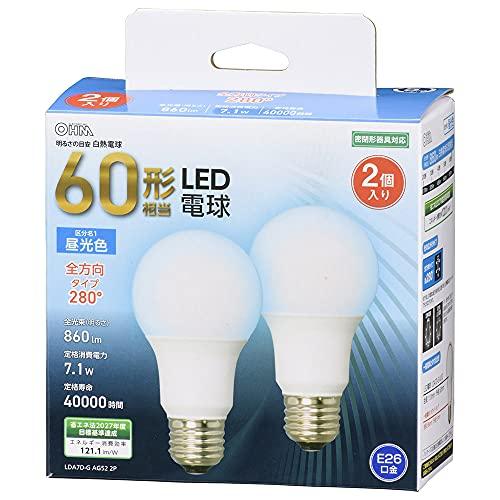 オーム電機 LED電球 E26 60形相当 昼光色 全方向 2個入 LDA7D-G AG52 2P 06-4709 OHM | 