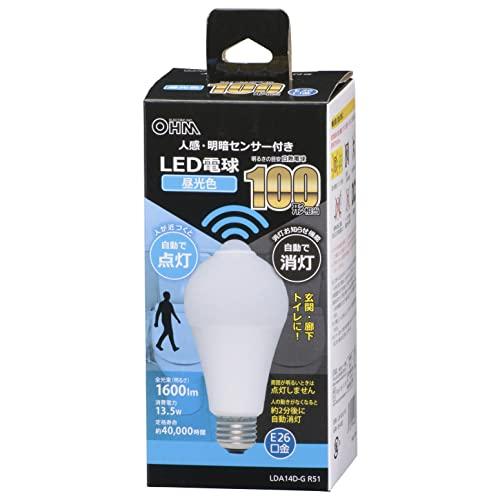 オーム(OHM) 電機 LED電球 E26 100形相当 人感明暗センサー付 昼光色 人感センサー 100ワット相当 自動点灯 玄関 トイレ 廊 | 