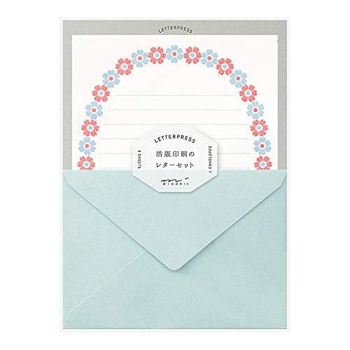 ミドリ レターセット 478 活版 花フレーム柄 水色 86478006 | 