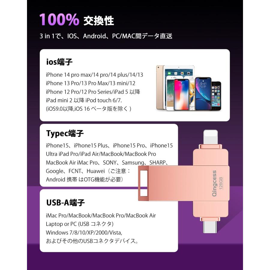 【業界席巻iPhone 15対応】 usbメモリ 128gb Typec Phone対応 usbメモリ タイプc ipad 対応 usb スマホ us｜happiness0228no2｜03