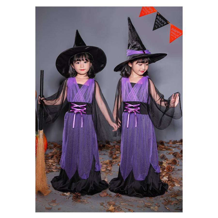 ハロウィン 衣装 100cm 140cm Cosplayマキシ丈ワンピース帽子付けチュール変装パーティー コスチューム コスプレ衣装 女の子 子供 悪魔巫女 魔女 魔法 新しく着き 子供