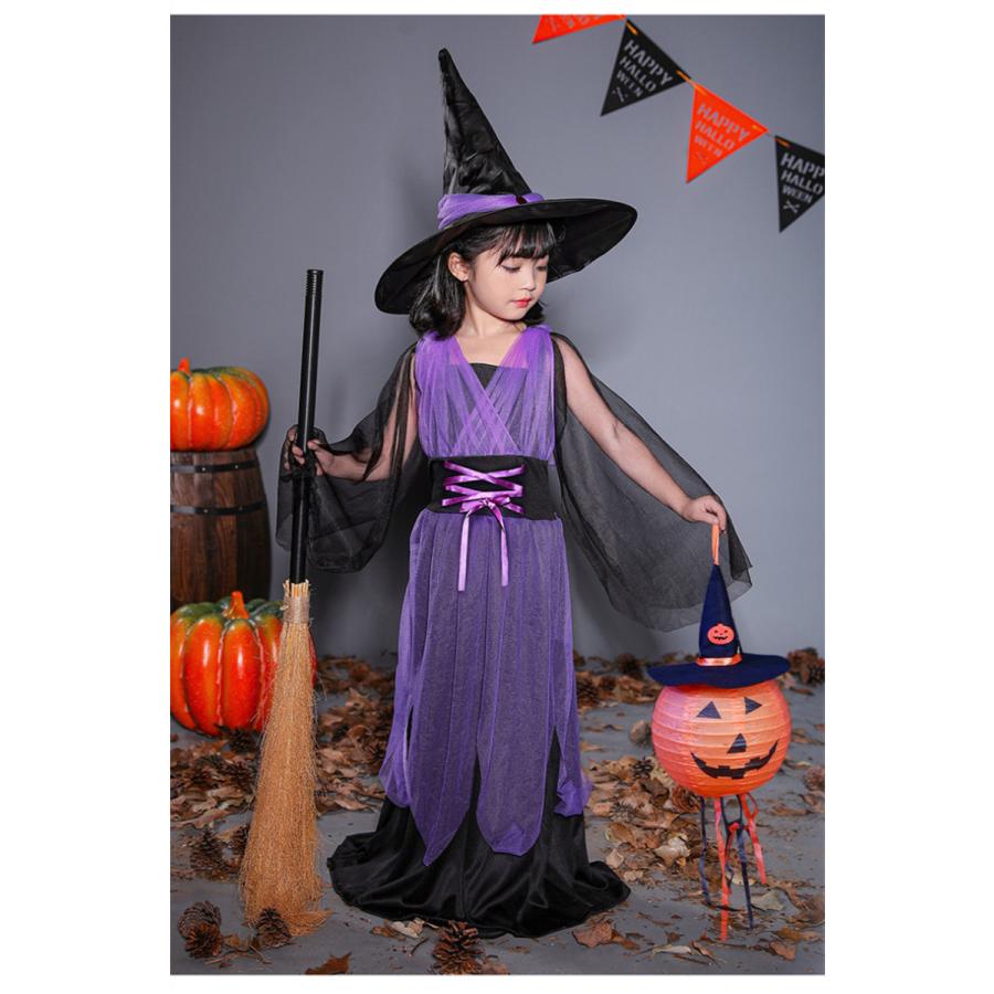 ハロウィン 衣装 100cm 140cm Cosplayマキシ丈ワンピース帽子付けチュール変装パーティー コスチューム コスプレ衣装 女の子 子供 悪魔巫女 魔女 魔法 新しく着き 子供