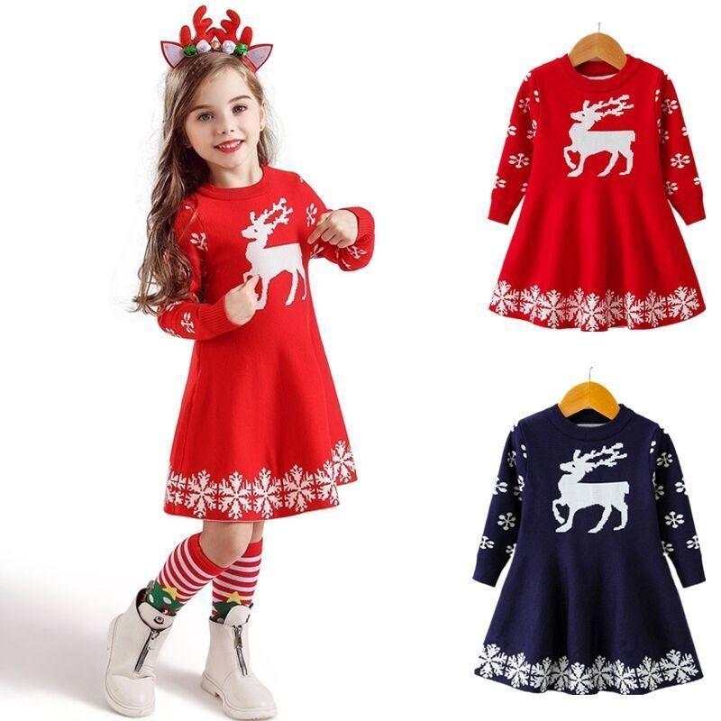 2color Christmasサンタ服 クリスマス 子供服 ワンピース クリスマス 鹿 セーター ニットクリスマス衣装 キッズ 子供