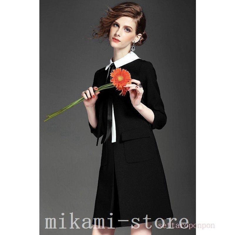 セール レトロワンピース膝丈白襟７分袖リボンボックススカート通勤お出掛け学校行事 素晴らしい品質