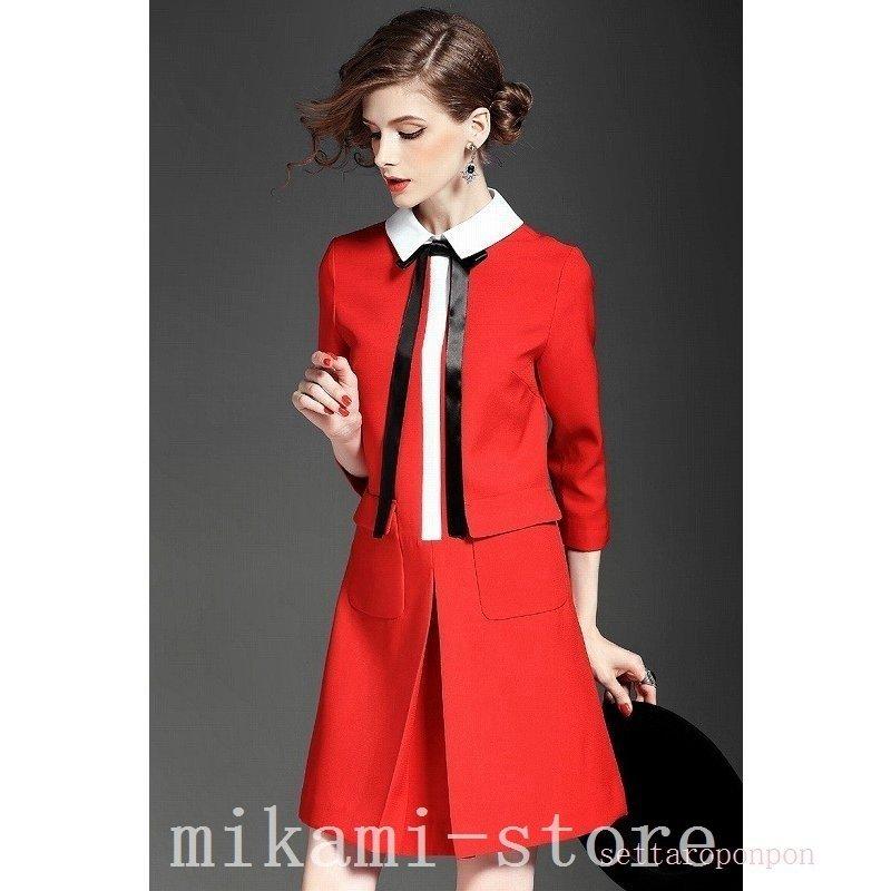 セール レトロワンピース膝丈白襟７分袖リボンボックススカート通勤お出掛け学校行事 素晴らしい品質