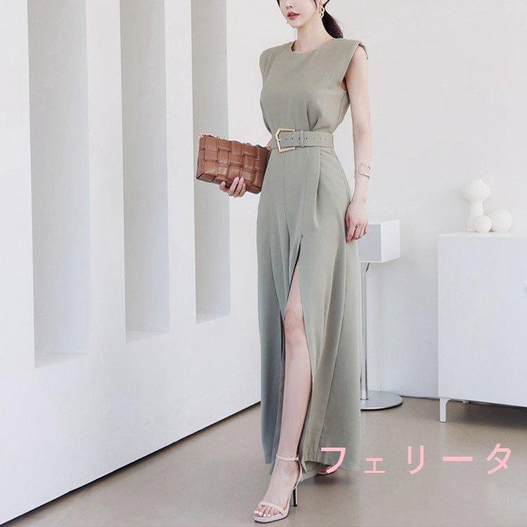 最安値 ノースリーブ レディース ドレス オールインワン パーティードレス 韓国 グレー グリーン ウエストマーク スリット パンツドレス パーティドレス サイズ M Banmedica Brandbook Cl