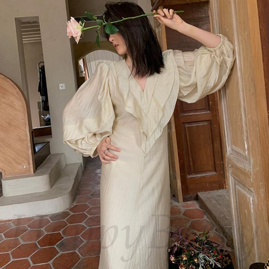 新着商品 レトロ 春夏秋 ワンピ レディース ワンピース ロングスカート スリム ランタンスリーブ Vネック コートドレス フリル ワンピース 色 ベージュ Www Neoherramientas Tools