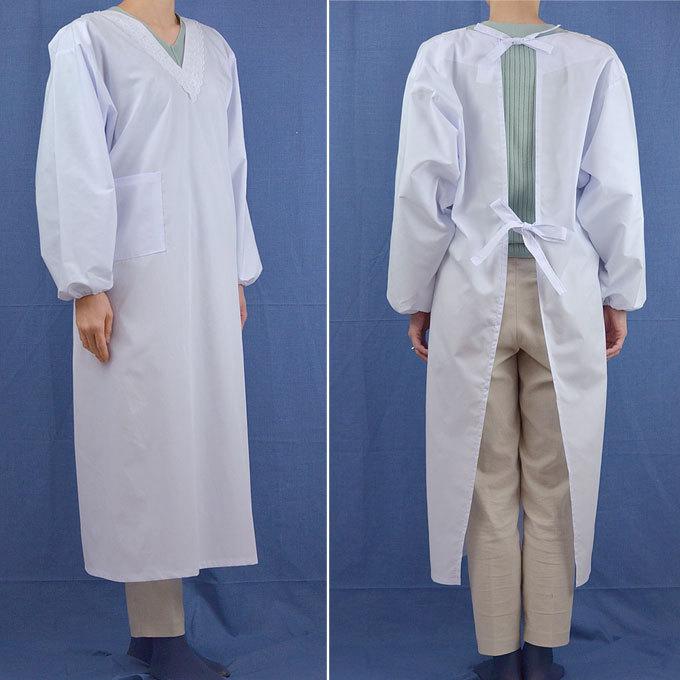 V襟白割烹着 ロング丈120cm 日本製 エプロン メール便 送料無料 きもの かっぽう着|happy-clothing|02