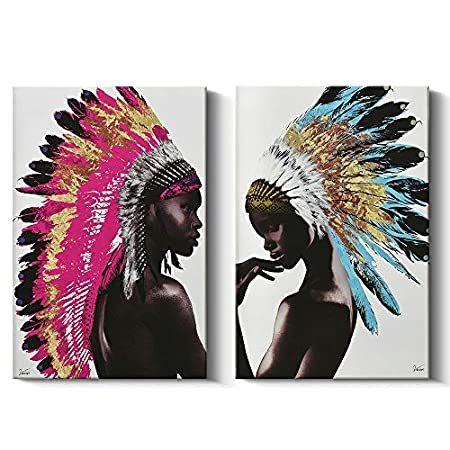 公式 2ピース フレーム入り ウォールデコ プリント キャンバス 女性 インディアン アフリカ 美しい羽 セット ウォールアート デコ ネイティブアメリカン レリーフ、アート