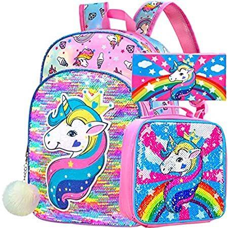 【絶品】 16" Girls, for Backpack Unicorn 3PCS Sequin and Bookbag Elementary Prechool リュックサック、デイパック