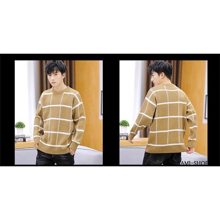 ニットセーター メンズ セーター トレーナー ニット チェック 秋冬 ゆったり ラウンドネック 配色 おしゃれ 通勤 カジュアル 全5色 M L Xl 2xl 3xl いいスタイル