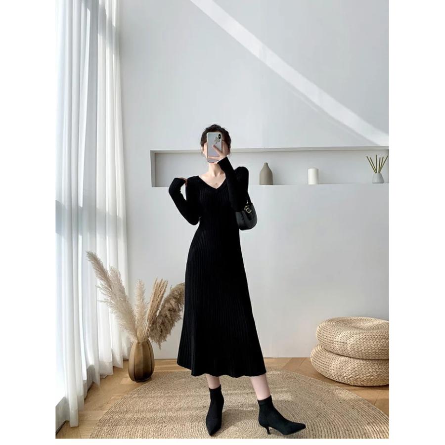 ニットワンピース ワンピース 春ワンピース ロングワンピース 大人ワンピース Vネック 春ワンピ きれいめ ワンピース カジュアル 長袖 春 女性 お出かけ 体型カ Sw0607b995 Happy Home 通販 Yahoo ショッピング