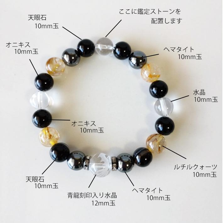 パワーストーン ブレスレット メンズ オーダー 鑑定ブレス 運命数 ヘマタイト ルチルクォーツ 天眼石 青龍刻印 水晶 強運 成功 幸運の導き龍ブレスの画像