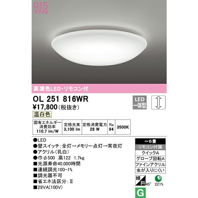 ODELIC オーデリック(OX) LED洋風シーリングライト〜6畳 OL251816WR 