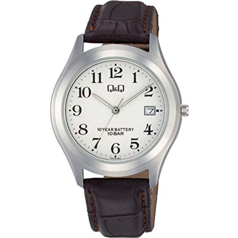 シチズン Q&Q 腕時計 アナログ 電池寿命10年 防水 日付 革ベルト W478-304 メンズ ホワイト 腕時計