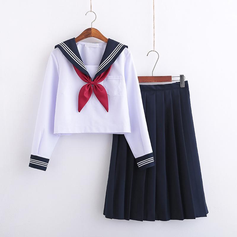 セーラー服 長袖 コスプレ 女子高生 制服 4点セット コスチューム 白 紺 赤 Jk 白三本 学生服 学園祭 大特価 半袖 文化祭 白二本 ミニ スカート 本格制服 S 2xl 仮装