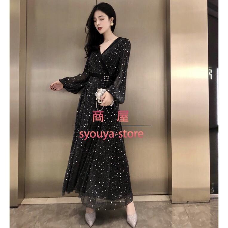ワンピース レディース 春服 マキシ丈 星柄ワンピース きれいめ 結婚式ドレス 大人 長袖 ロングワンピース 着痩せ オシャレ パーティー 通勤オフィス 40代 30代 Gdja0 Happy Beauty Store 通販 Yahoo ショッピング