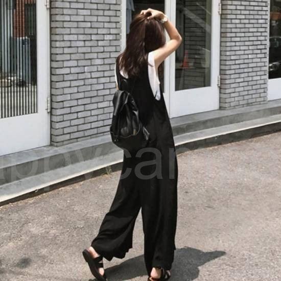 即納 最大半額 40代 レディース サロペット サロペットパンツ 黒 おしゃれ 冬 秋 シンプル Vネック ノースリーブ オーバーオール オールインワン ワイドパンツ 夏 春 コーデ サロペット オーバーオール サイズ ワンサイズ Lolas Com Co