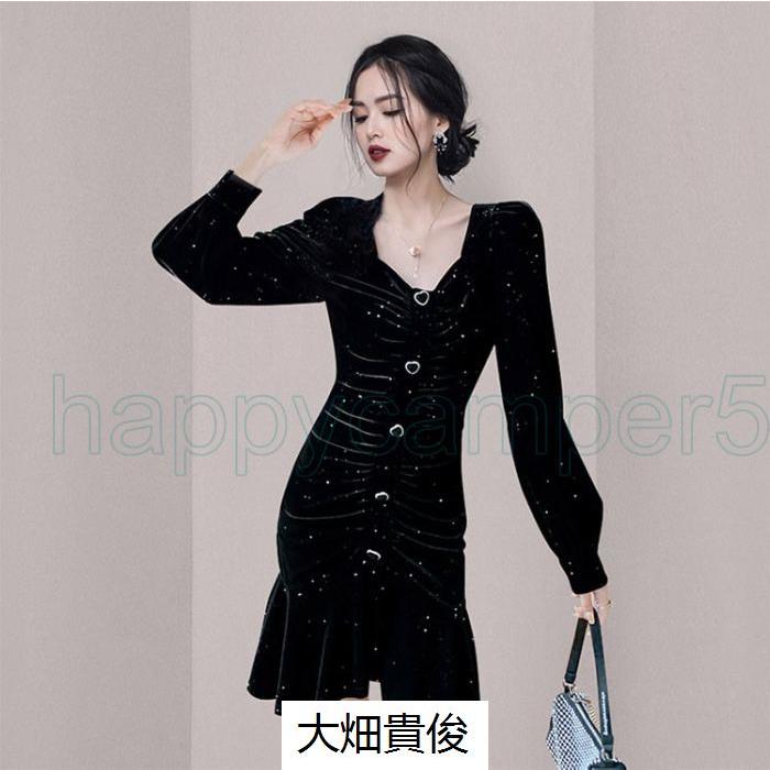 マーメイドワンピース 黒 代 30代 お呼ばれ お嬢様 オシャレ ドレス パフスリーブ フレア ベルベット ベロア ワンピース 二次会 結婚式 長袖 ワンピース 人気のファッションブランド フレア