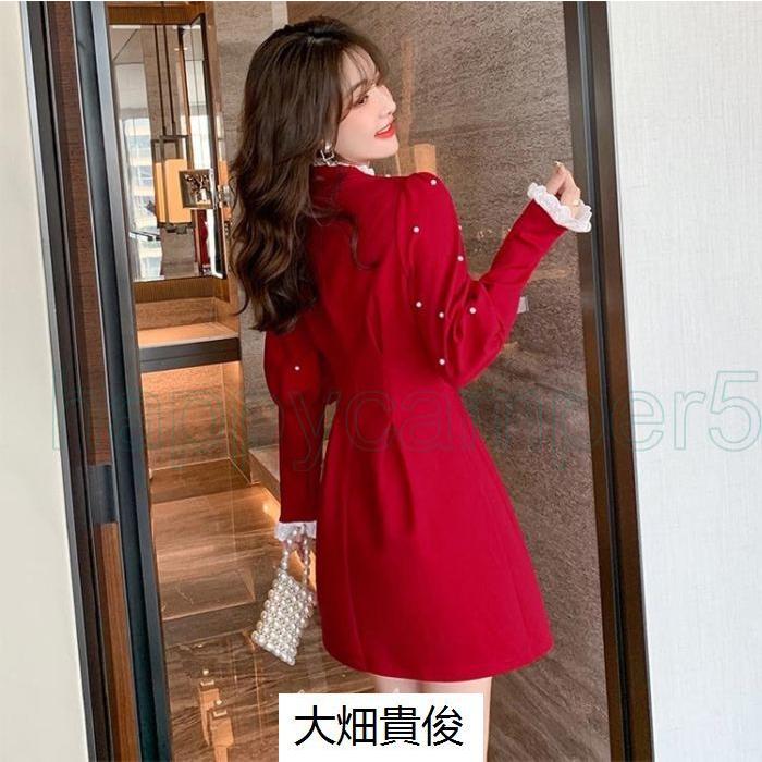 売れ筋がひ贈り物 赤 ワンピース レディース ハイネック レース キレイめ レッド クリスマス パール お嬢様 デート お出かけ 誕生日 ミニ ワンピース 長袖 Bestdream Store