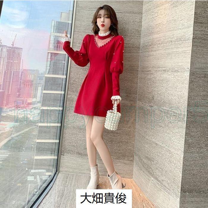 売れ筋がひ贈り物 赤 ワンピース レディース ハイネック レース キレイめ レッド クリスマス パール お嬢様 デート お出かけ 誕生日 ミニ ワンピース 長袖 Bestdream Store
