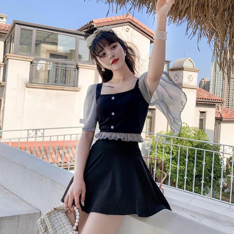 体型カバー セール特価 水着 レディース ワンピース 大きいサイズ 中学生 高校生 10代 夏 韓国 少女 学生 上下セット 2点セット 小胸にもぴったり