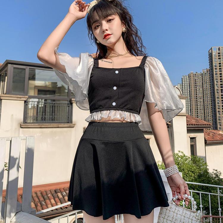 体型カバー セール特価 水着 レディース ワンピース 大きいサイズ 中学生 高校生 10代 夏 韓国 少女 学生 上下セット 2点セット 小胸にもぴったり