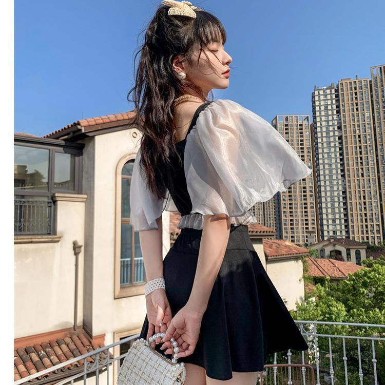 体型カバー セール特価 水着 レディース ワンピース 大きいサイズ 中学生 高校生 10代 夏 韓国 少女 学生 上下セット 2点セット 小胸にもぴったり