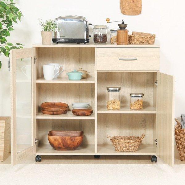 キッチンワゴン 食器棚 おしゃれ キャスター付き 幅90×奥行39.8×高さ84cm アンティークホワイトの画像