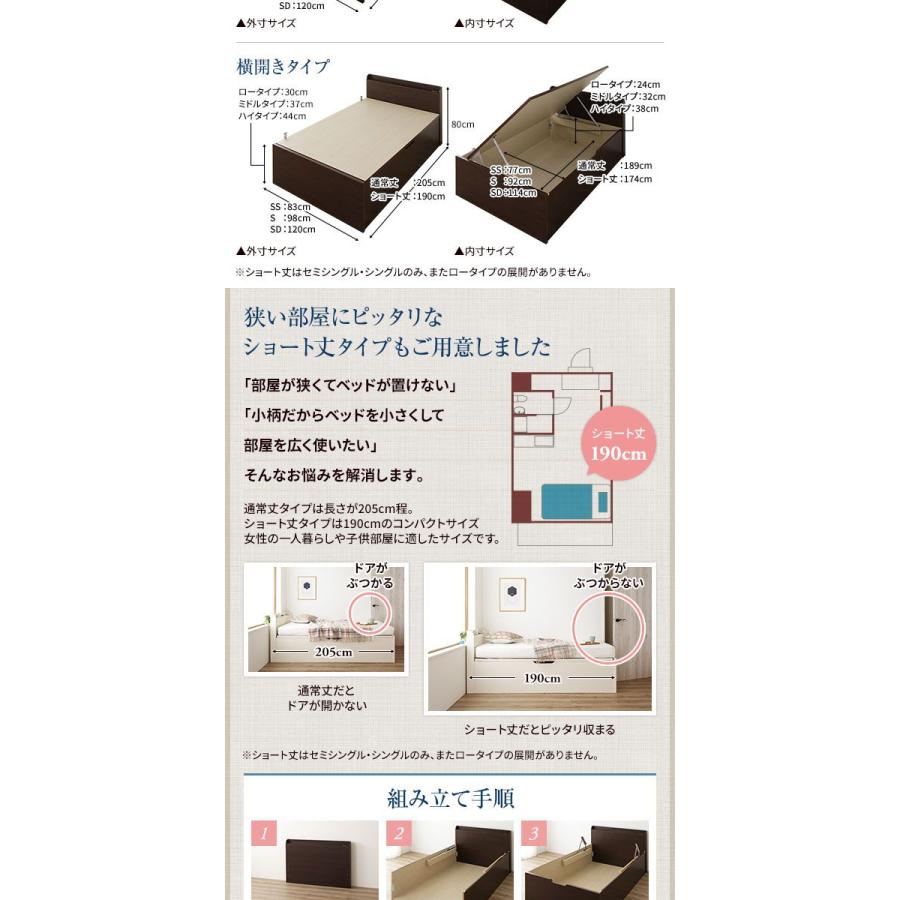 収納ベッド 大容量 マットレス付き 3ゾーンポケットコイル ショート丈シングル 宮付き 横開き/ミドルタイプ深さ37cm 組立設置付き
