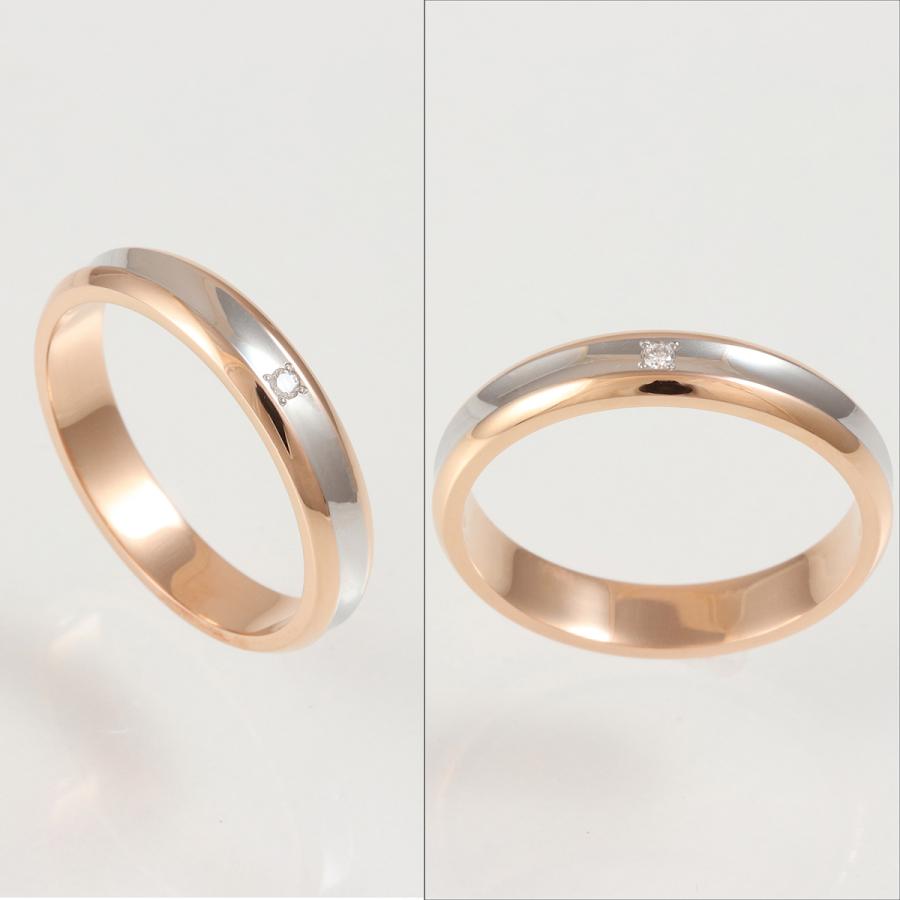 リング 指輪 マリッジリング 結婚指輪 ダイヤモンド パイロット プラチナ Pt 900 18金 K18 ピンク ゴールド PG 金属アレルギー対応 光沢 ラウンド 刻印 M374Dの画像