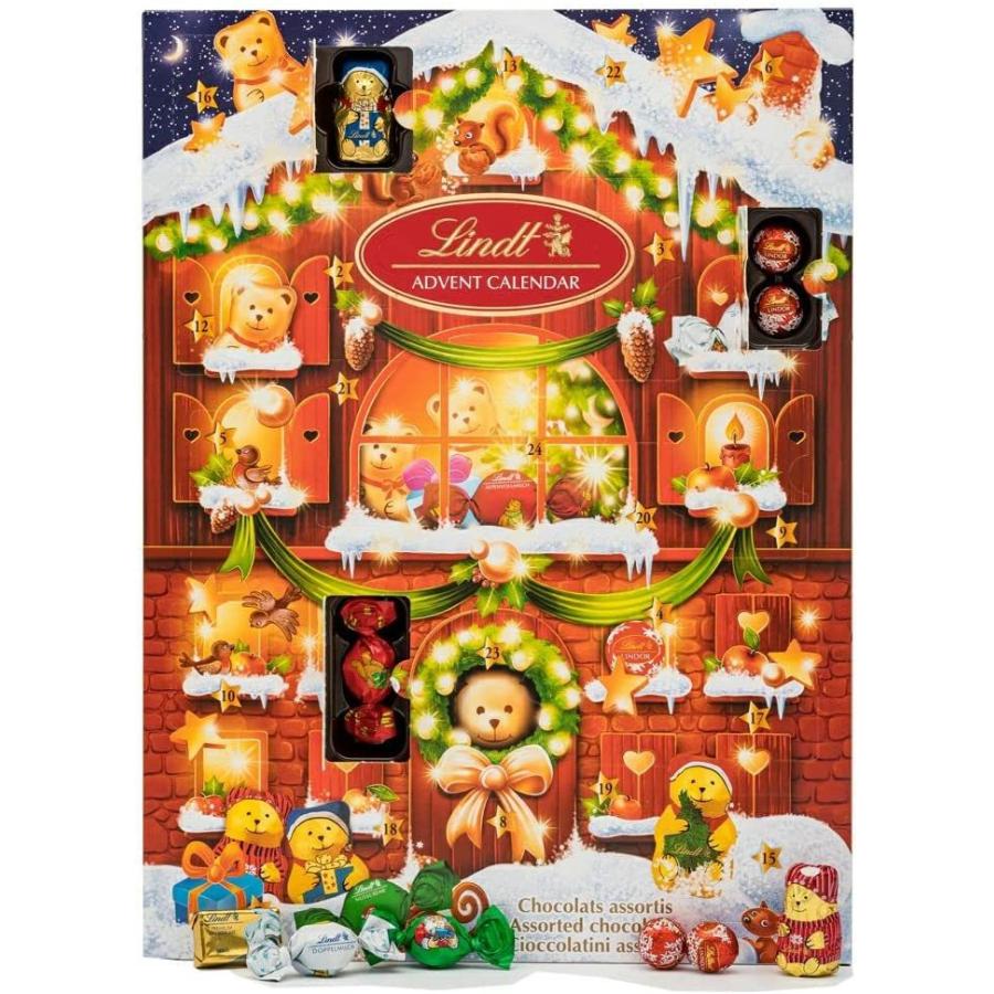 世界の Happygoods22リンツ チョコレート クリスマス テディ アドベントカレンダー 172g ショッピングバッグ付き ファミリーハウス リンドール