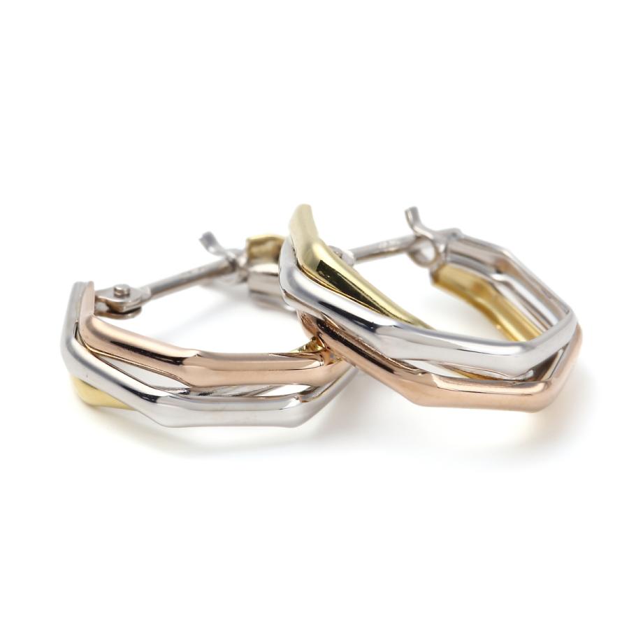 ピアス フープ スリーカラー ヘキサゴン K18 K14 3色 両耳 ゴールド