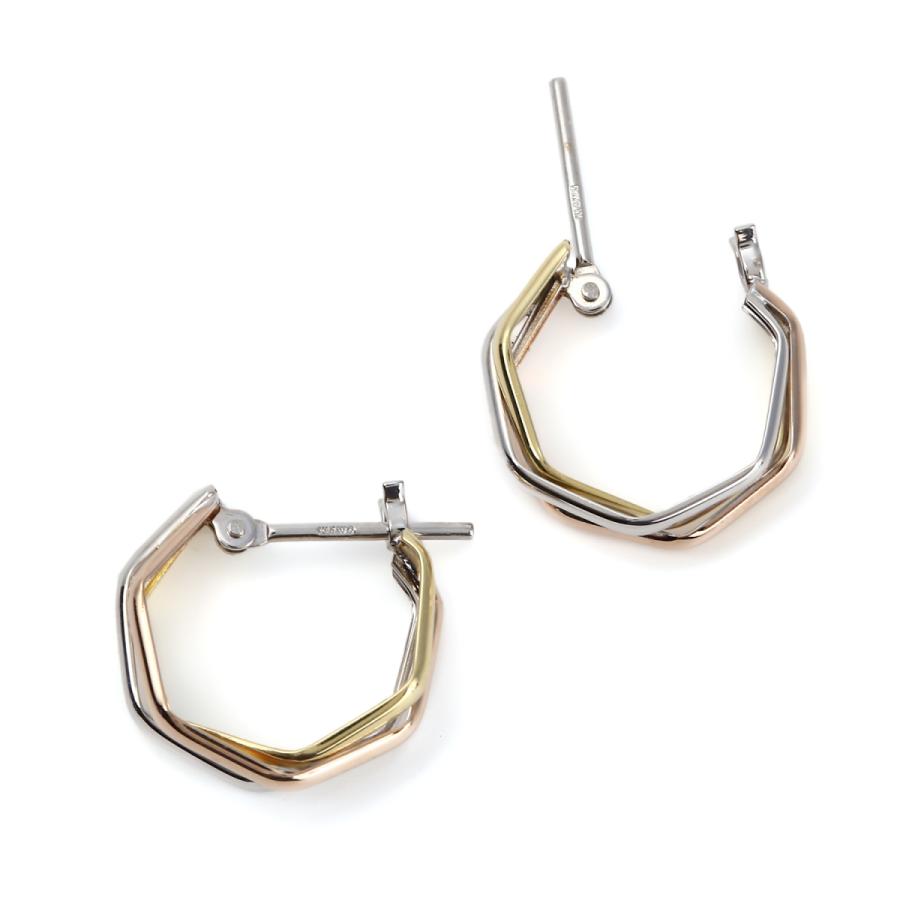 ピアス フープ スリーカラー ヘキサゴン K18 K14 3色 両耳 ゴールド